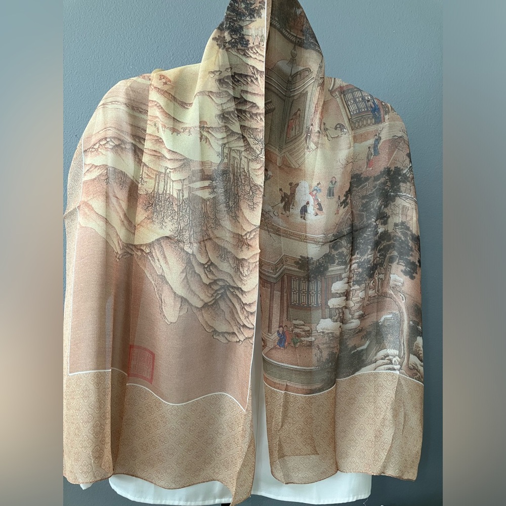 100% silk scarf ink and wash painting print